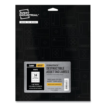 Avery PermaTrack Destructible Asset Tag Labels, Laser, 1.25x2.75, Wht, PK112 60537